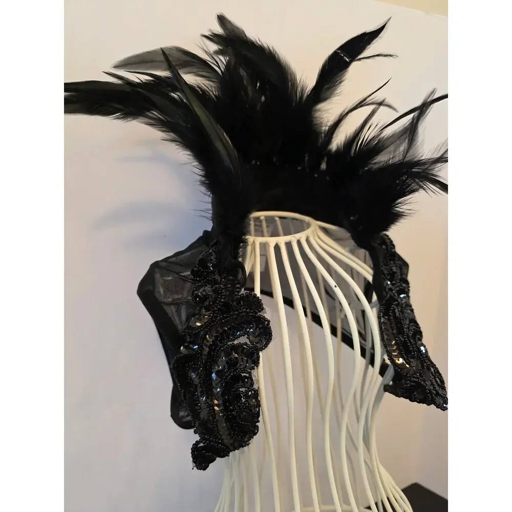 Weissman Black Sequined Shrug Dance Costume Collar Structured Feather Accents